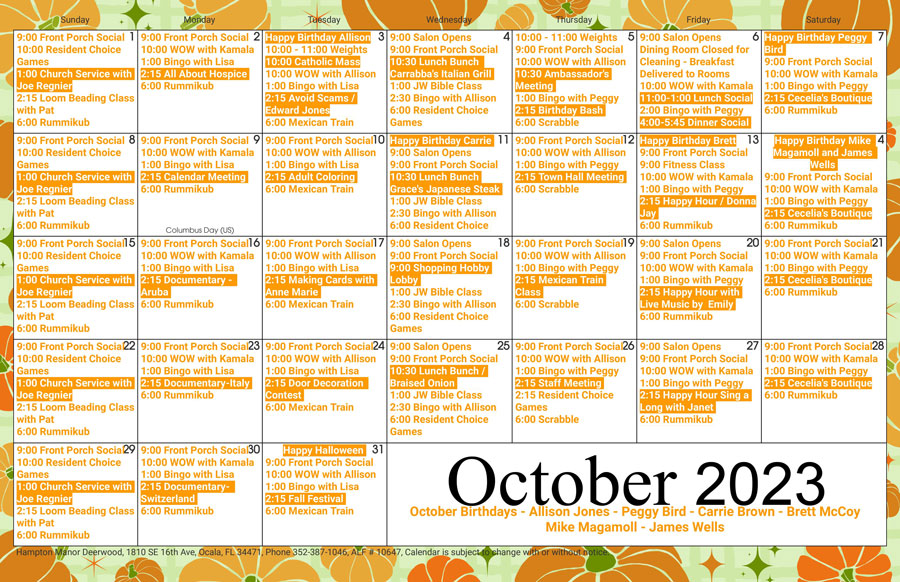 October 2020 calendar featuring pumpkins.