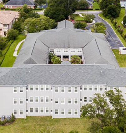 An aerial view of a residential building.