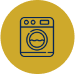 A washing machine icon in a yellow circle with a geo design.