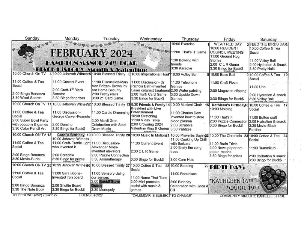 24th Road February 2024 Activities Calendar Hamptonmanor