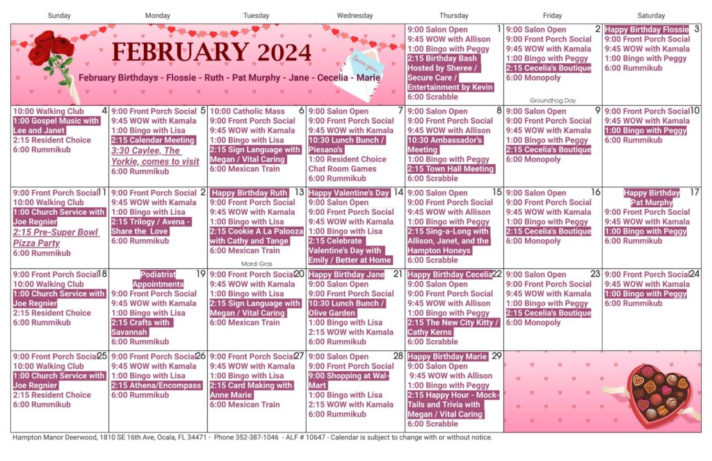 February 2024 Valentine's Day Activities Calendar.
