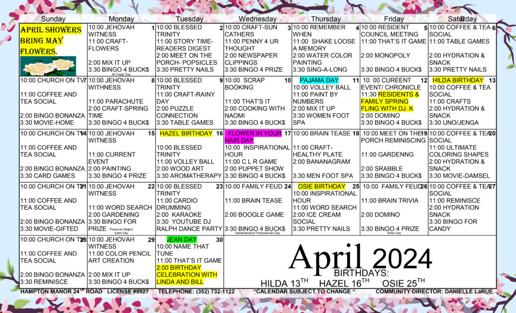 Colorful weekly planner with various personal and work-related tasks, including April 2024 activities, written on each day.