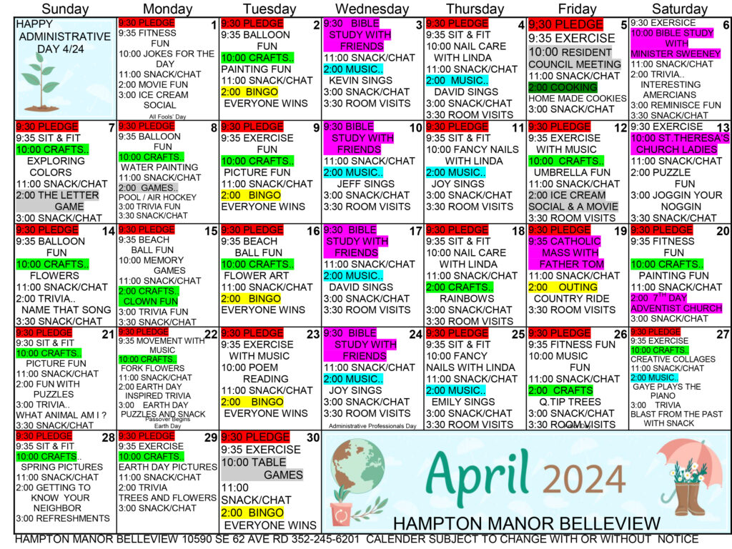 Belleview April 2024 activity calendar for Hampton Manor Belleview with scheduled events for each day of the week.