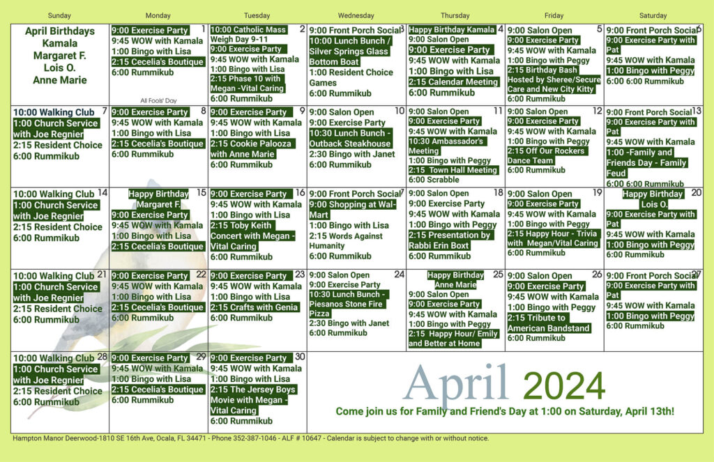 A detailed Activities Calendar for a community on 24th Road, featuring various events scheduled for each day in April 2024.