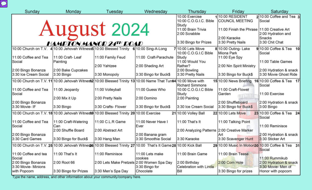 A draft calendar for August 2024 at Hampton Manor 24/7 Road features daily activities including church services, games like Monopoly and Jeopardy, exercise classes, painting sessions, movie nights, and more.