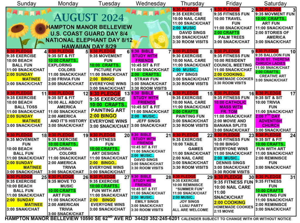 August 2024 calendar for Hampton Manor Bellevue featuring various activities each day, including music, crafts, bingo, and fitness sessions. Special events include National Elephant Day on August 12th. Enjoy a seamless experience with our Auto Draft scheduling system making sure you never miss out!