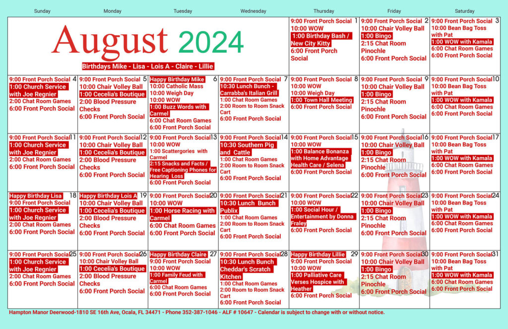 August 2024 calendar with daily events at Hampton Manor, featuring birthdays, socials, games, dining menus, and seasonal activities. Auto Draft details and contact information are provided at the bottom.