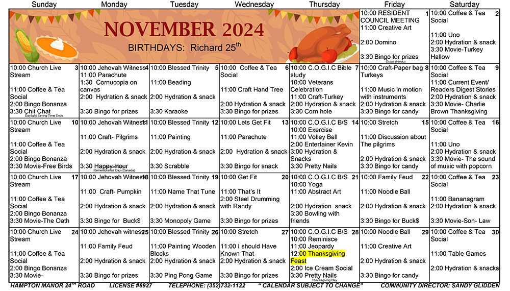 October 2024 calendar with scheduled events such as church services, bingo, crafts, and birthday celebrations, including themes like Halloween and Wear Pink Day.