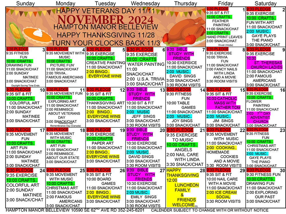 October 2024 calendar of activities at Hampton Manor of Bellevue includes movies, exercise, cooking, arts, and social events. Special days and awareness themes noted at the bottom.