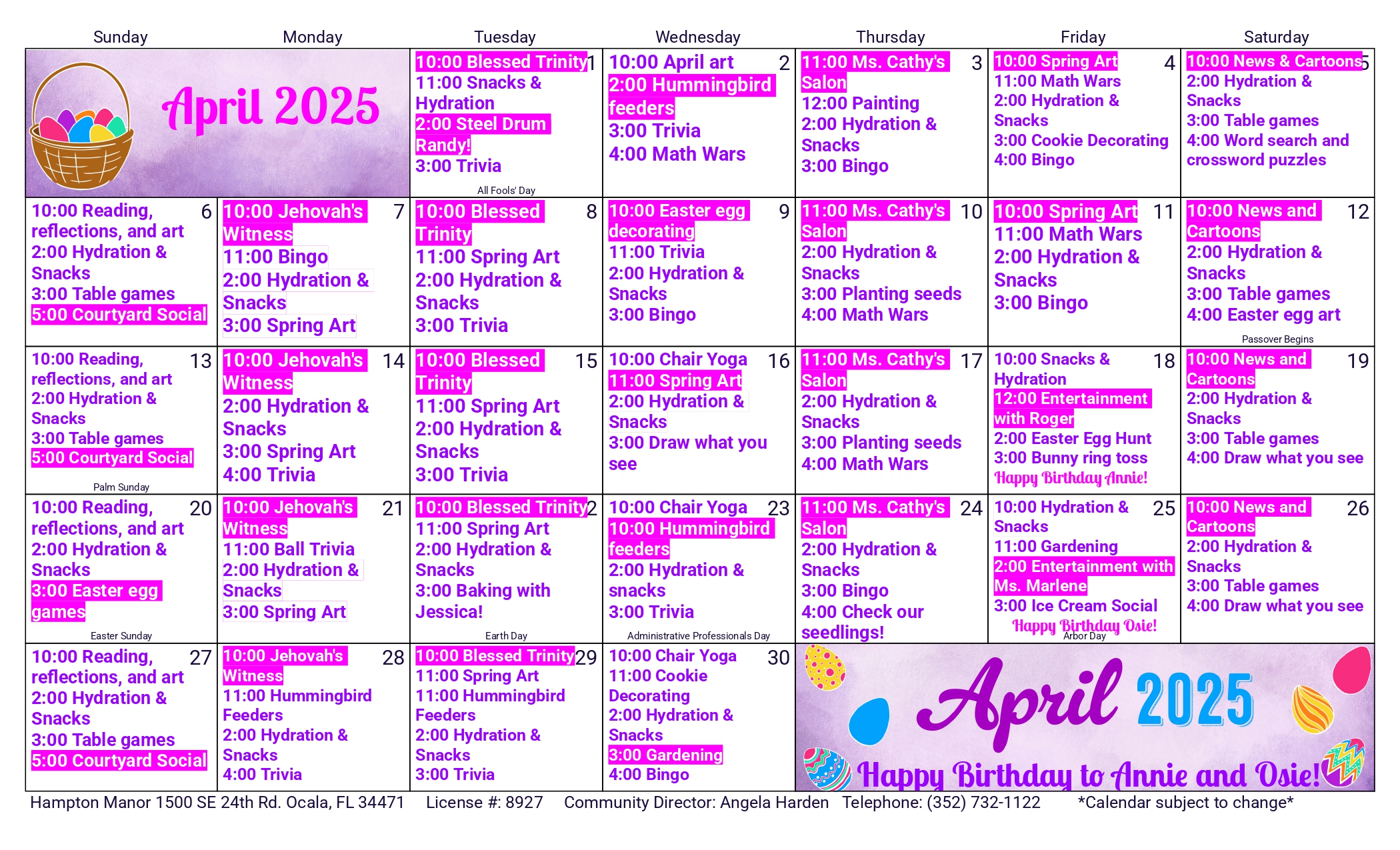 April 2025 activity calendar for Hampton Manor, Ocala, FL, featuring daily events such as bingo, arts and crafts, music, and exercise classes. Includes contact information and a birthday note.