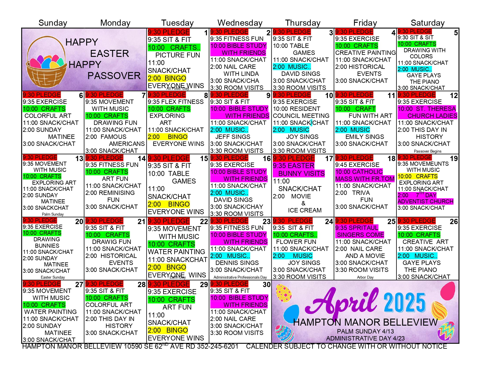 Experience our April 2025 Activity Calendar at Hampton Manor Belleview, offering daily events like crafts, exercises, and themed parties. Holiday greetings for Easter and Passover add festive cheer.