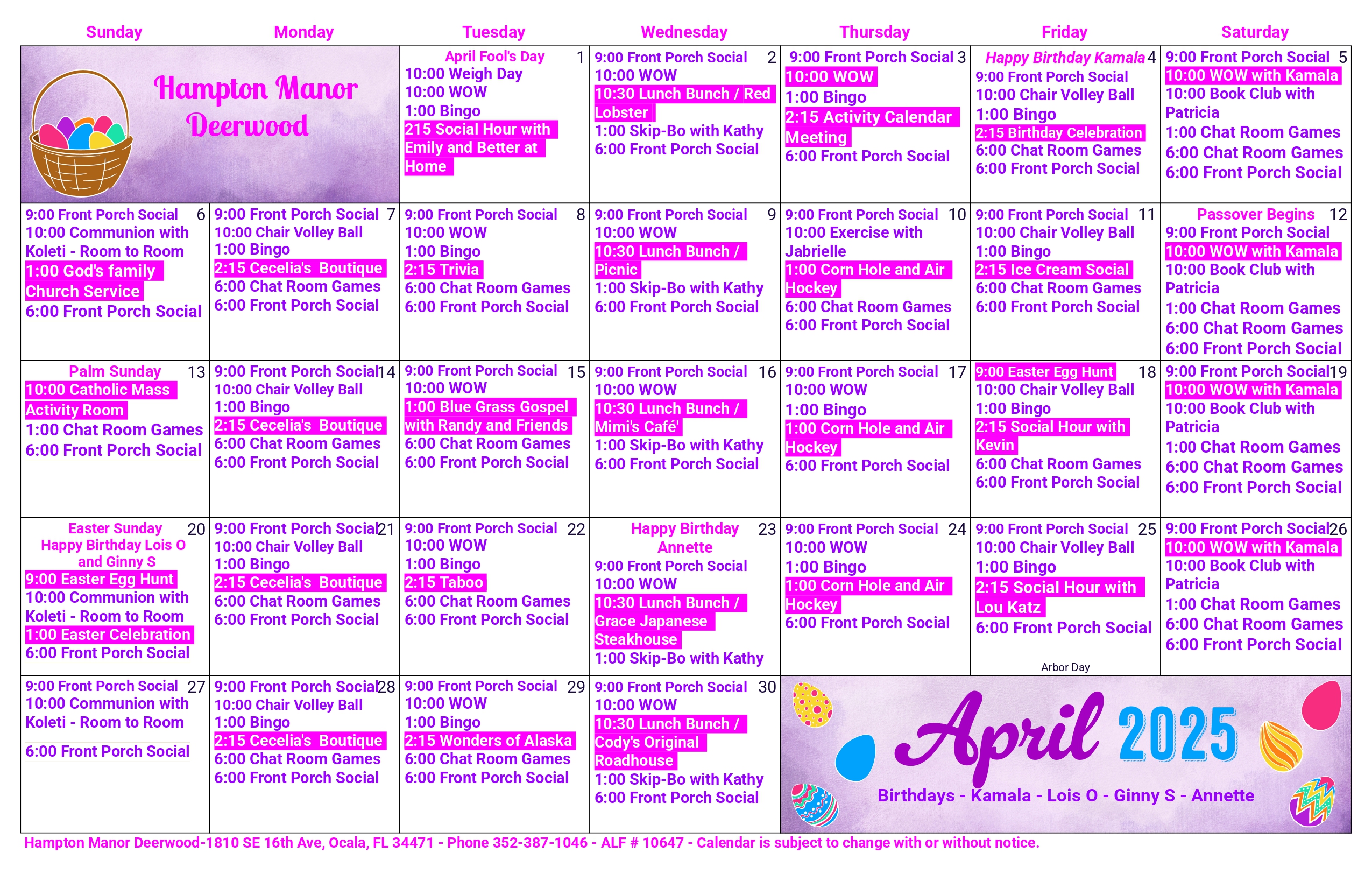 April 2025 activity calendar for Hampton Manor Deerwood, featuring daily events like socials, workshops, and games. Birthday reminders and contact details included at the bottom.