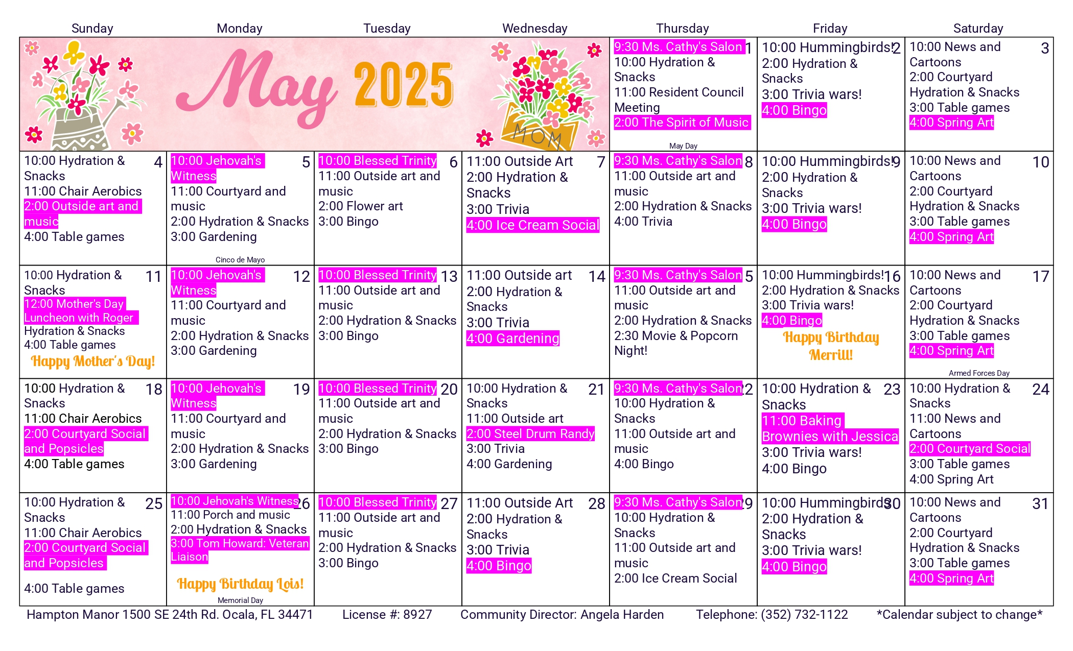 Explore our May 2025 activities calendar for Hampton Manor Ocala on 24th Road, featuring daily events like hydration, exercise, bingo, art, and music. Special birthdays and themed days are also highlighted throughout the month.
