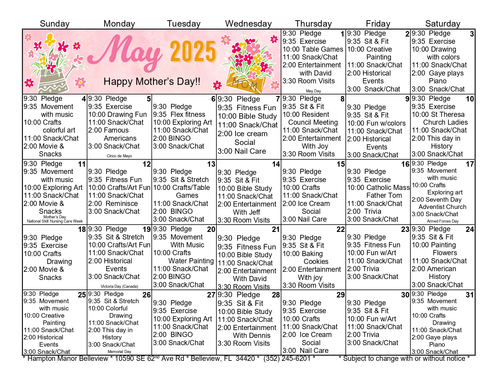 Belleview’s May 2025 Activity Calendar features daily events like exercise, games, crafts, church, snacks, and movie nights—with special highlights for Mother's Day and social care. See also our April 2025 activities for more fun!.