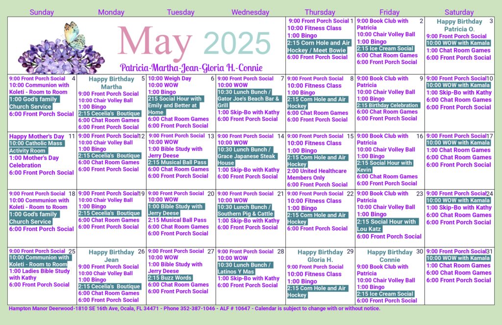 Deerwood Activity Calendar for May 2025 features daily scheduled events, birthdays, and social activities for Hampton Manor residents, all organized in a clear grid by day and time—perfect to complement your April 2025 plans.