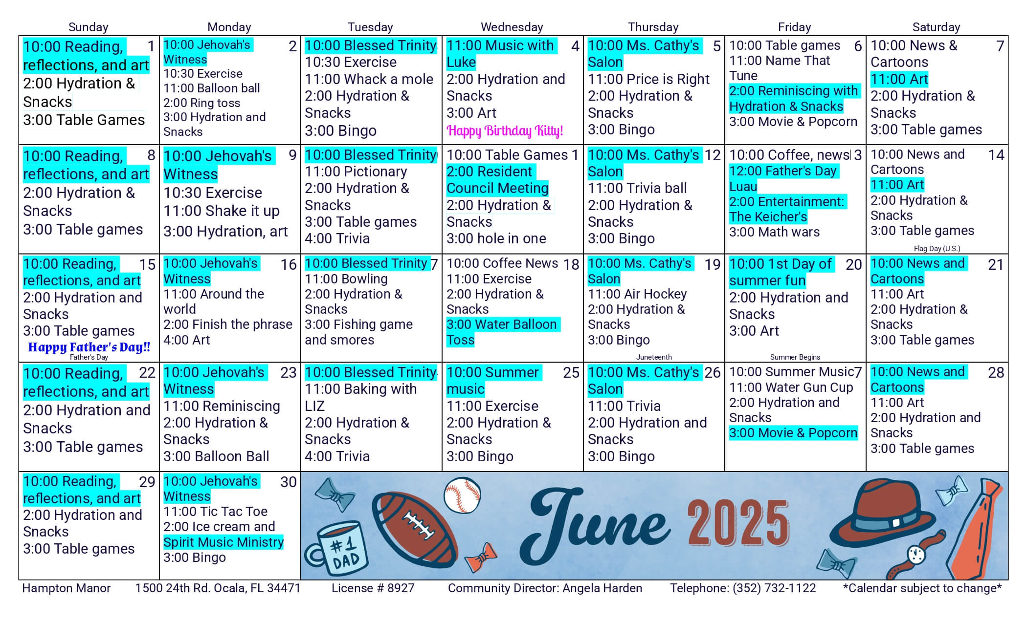 June 2025 Activities Calendar for a senior living facility on 24th Road, listing daily events such as exercise, hydration, bingo, crafts, religious services, and movie nights in a grid format. Check out May 2025 Activities for more fun!.