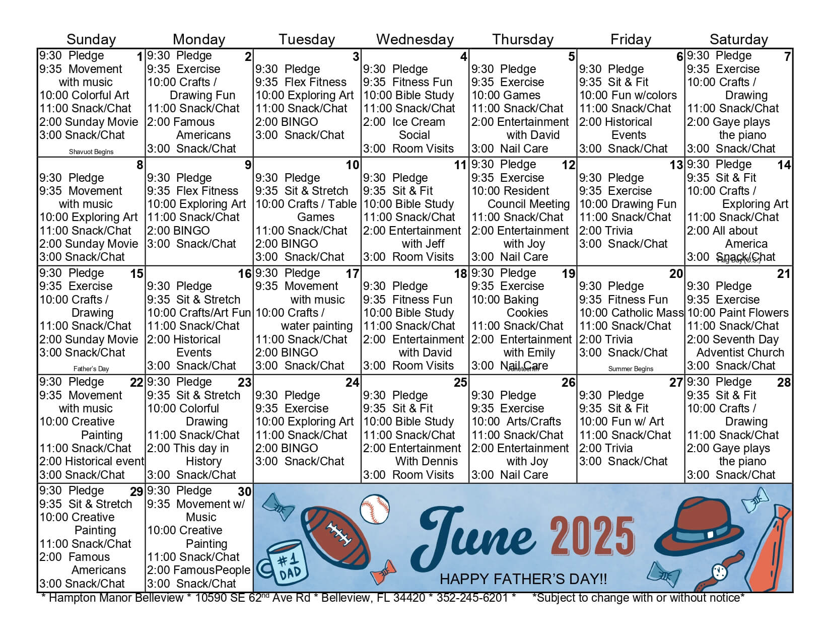 June 2025 activity calendar for Hampton Manor Belleview, featuring daily events like games, crafts, exercise, bingo, movies, and a special Father’s Day message. See also our May 2025 Activities Calendar for more fun-filled events!.