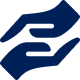 Two dark blue hands facing each other, one palm up and one palm down, forming a cupped shape that symbolizes care and support, often associated with assisted living.