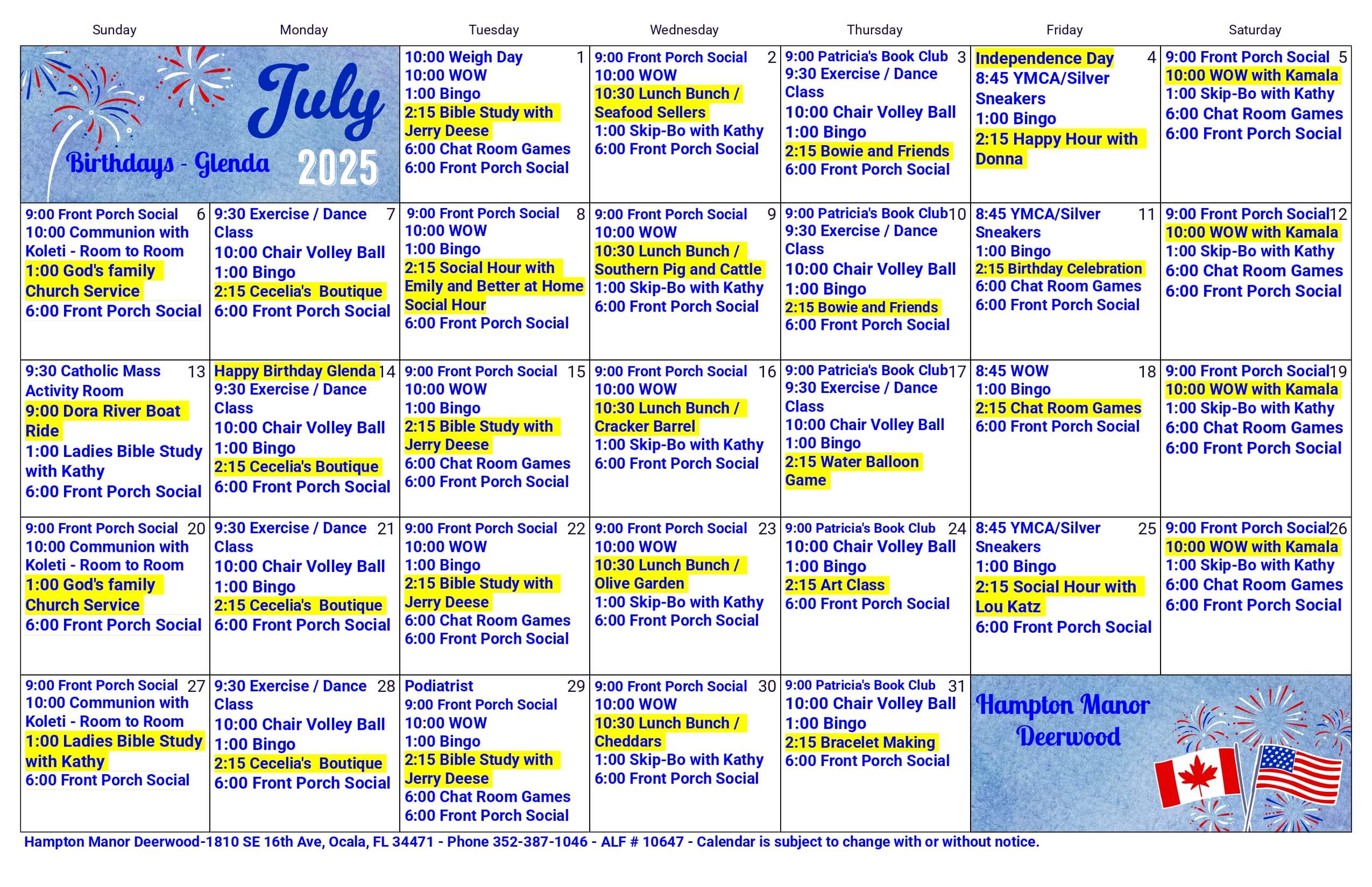 July 2025 Activity Calendar for Hampton Manor Deerwood Belleview featuring daily events like bingo, exercise, carnival, socials, crafts, and special celebrations highlighted in yellow.